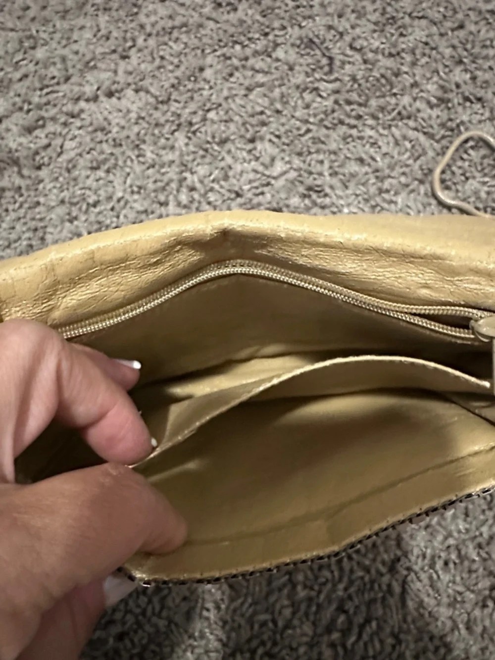 Metallic Beige Mesh Wristlet Clutch with Gold Accents